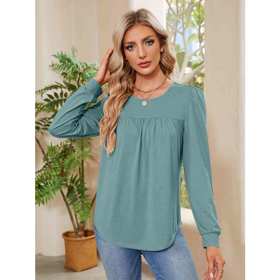 Ruched Round Neck Long Sleeve Blouse Air Force Blue / S