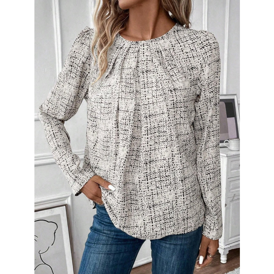 Ruched Round Neck Long Sleeve Blouse White / S Apparel and Accessories