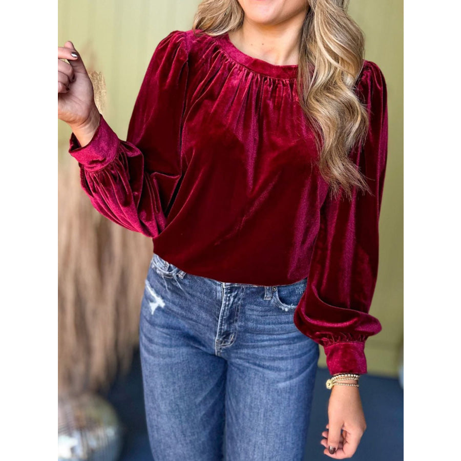 Ruched Round Neck Long Sleeve Blouse Apparel and Accessories