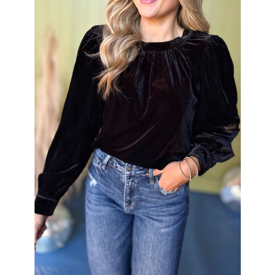 Ruched Round Neck Long Sleeve Blouse Apparel and Accessories