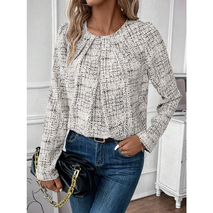 Ruched Round Neck Long Sleeve Blouse Apparel and Accessories