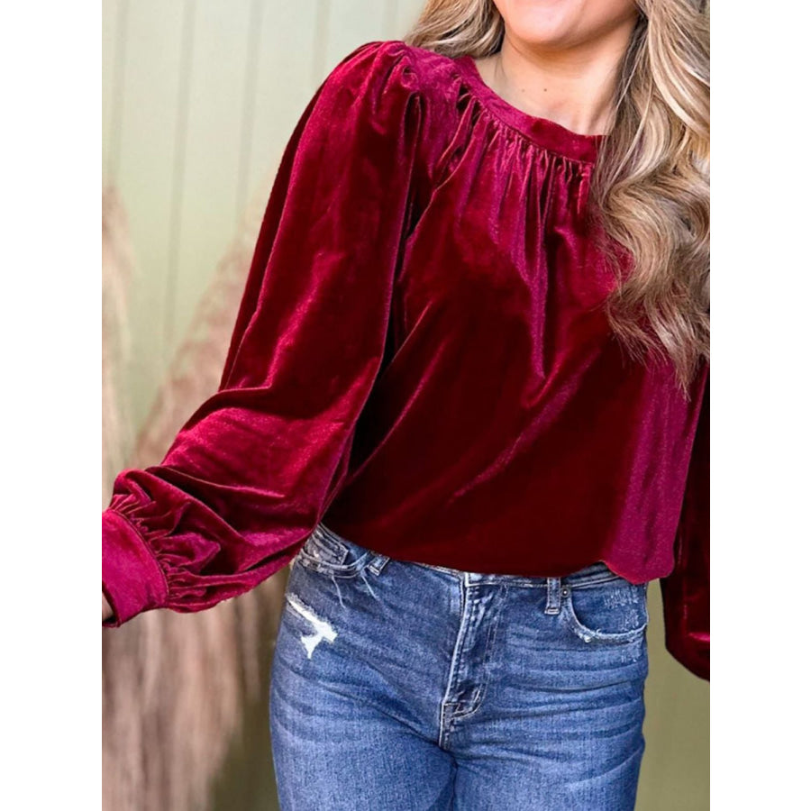 Ruched Round Neck Long Sleeve Blouse Apparel and Accessories