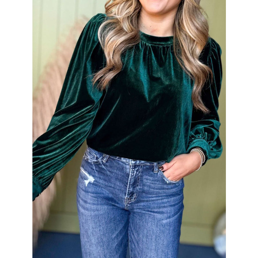 Ruched Round Neck Long Sleeve Blouse Dark Green / S Apparel and Accessories