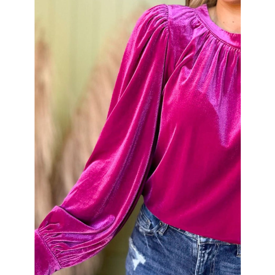 Ruched Round Neck Long Sleeve Blouse Apparel and Accessories