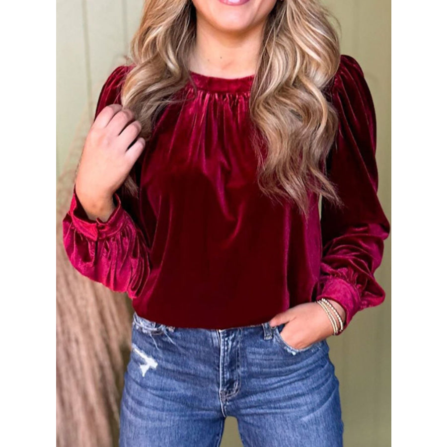 Ruched Round Neck Long Sleeve Blouse Apparel and Accessories