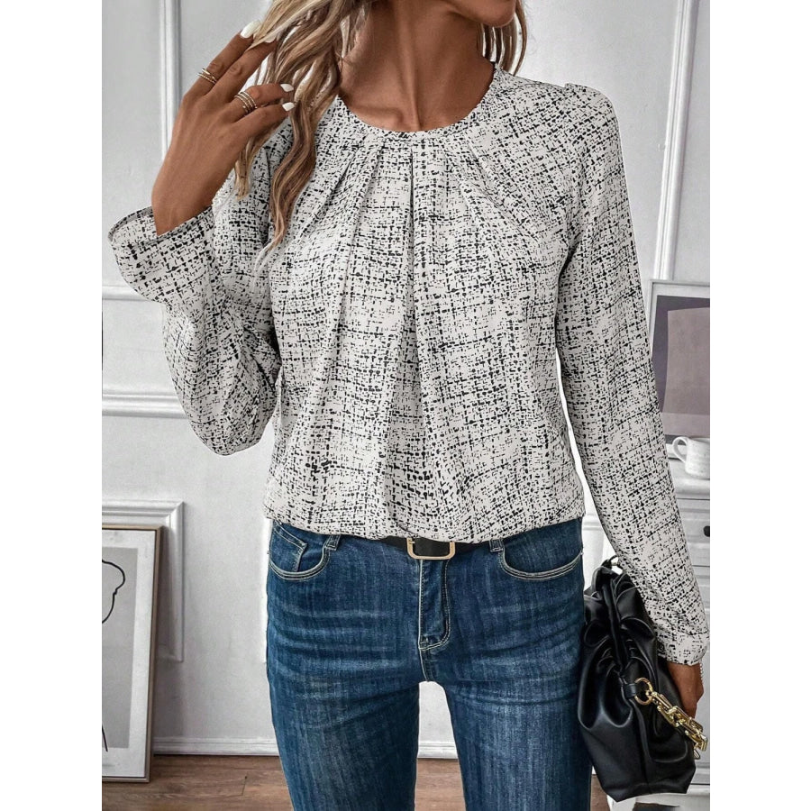 Ruched Round Neck Long Sleeve Blouse Apparel and Accessories