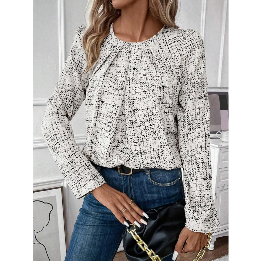 Ruched Round Neck Long Sleeve Blouse Apparel and Accessories