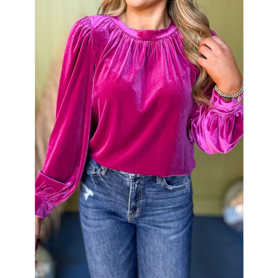 Ruched Round Neck Long Sleeve Blouse Apparel and Accessories