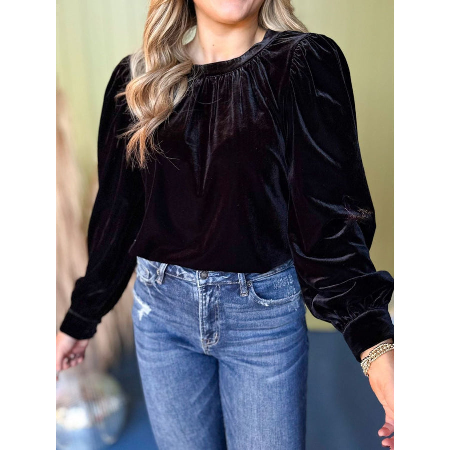 Ruched Round Neck Long Sleeve Blouse Black / S Apparel and Accessories