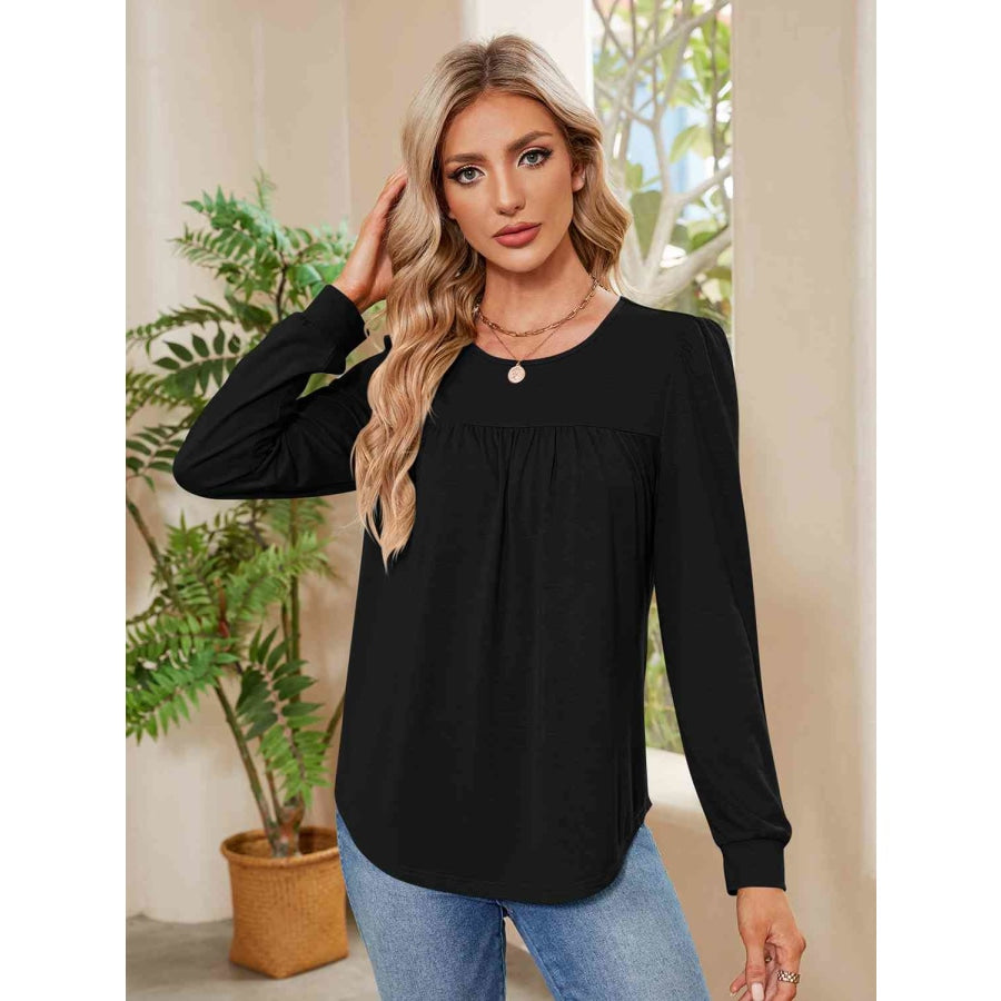 Ruched Round Neck Long Sleeve Blouse Black / S