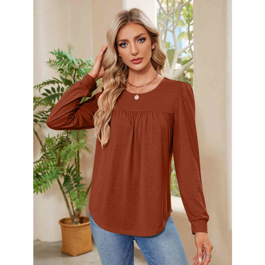 Ruched Round Neck Long Sleeve Blouse Brick Red / S