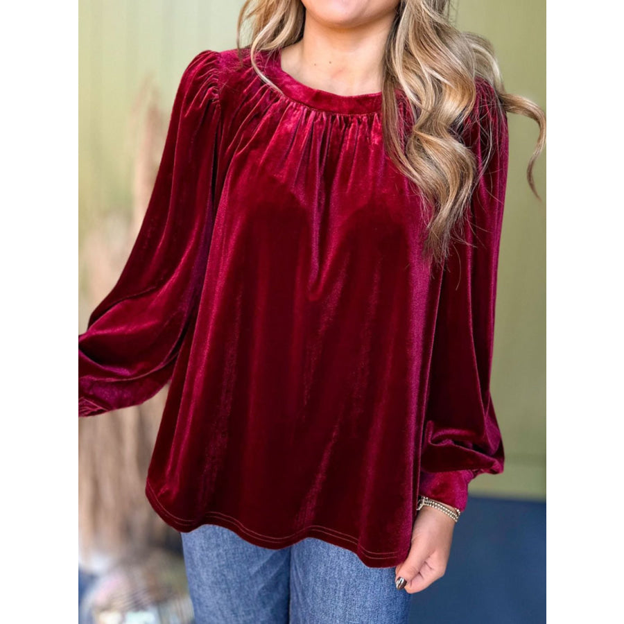 Ruched Round Neck Long Sleeve Blouse Burgundy / S Apparel and Accessories