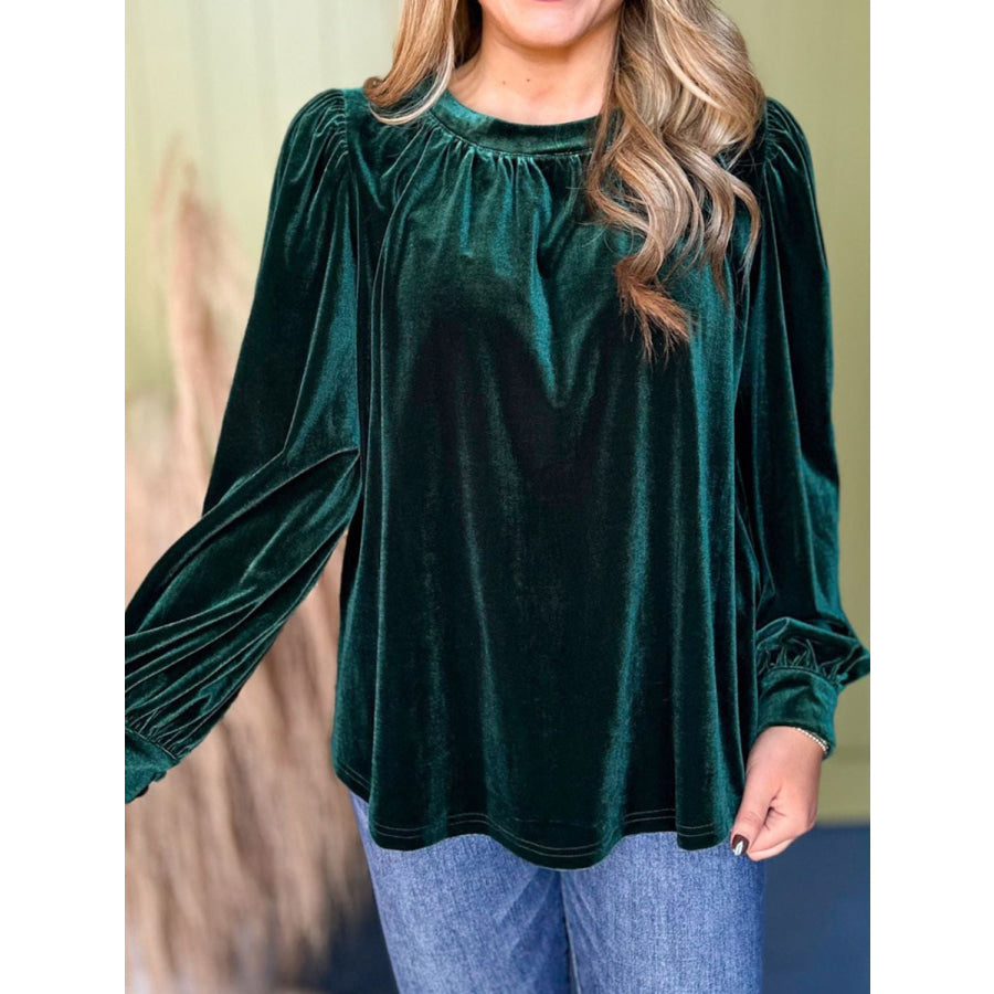 Ruched Round Neck Long Sleeve Blouse Dark Green / S Apparel and Accessories