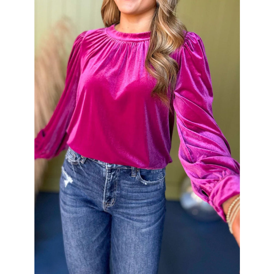 Ruched Round Neck Long Sleeve Blouse Hot Pink / S Apparel and Accessories