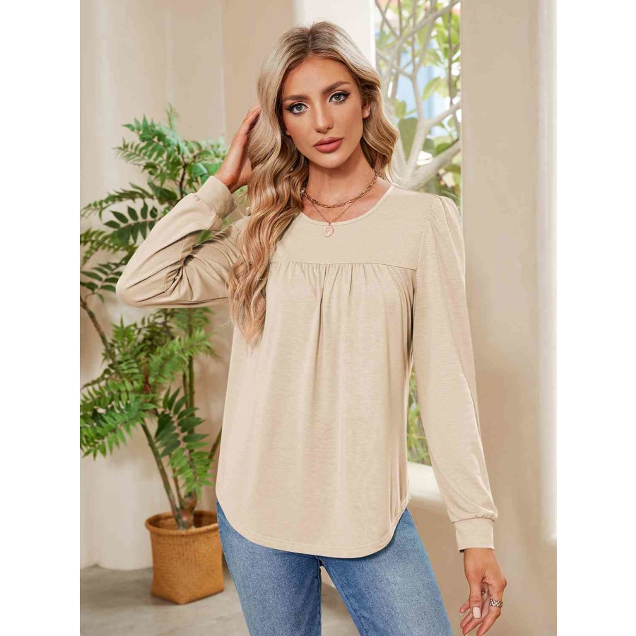 Ruched Round Neck Long Sleeve Blouse Ivory / S