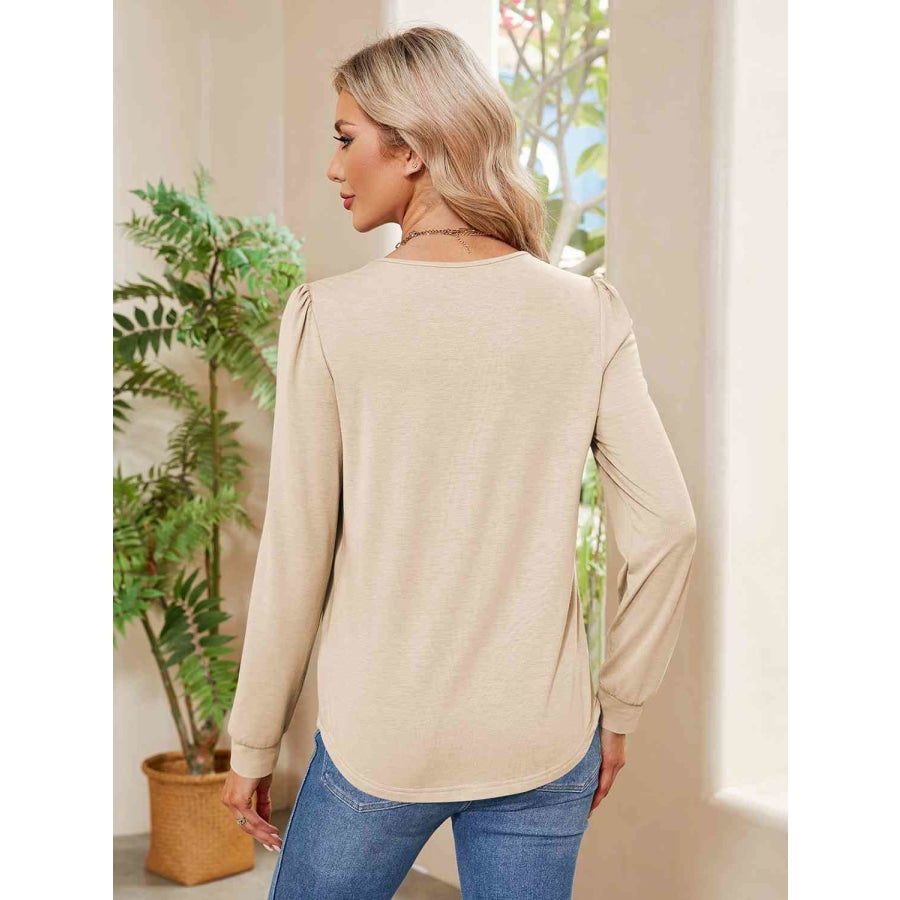 Ruched Round Neck Long Sleeve Blouse