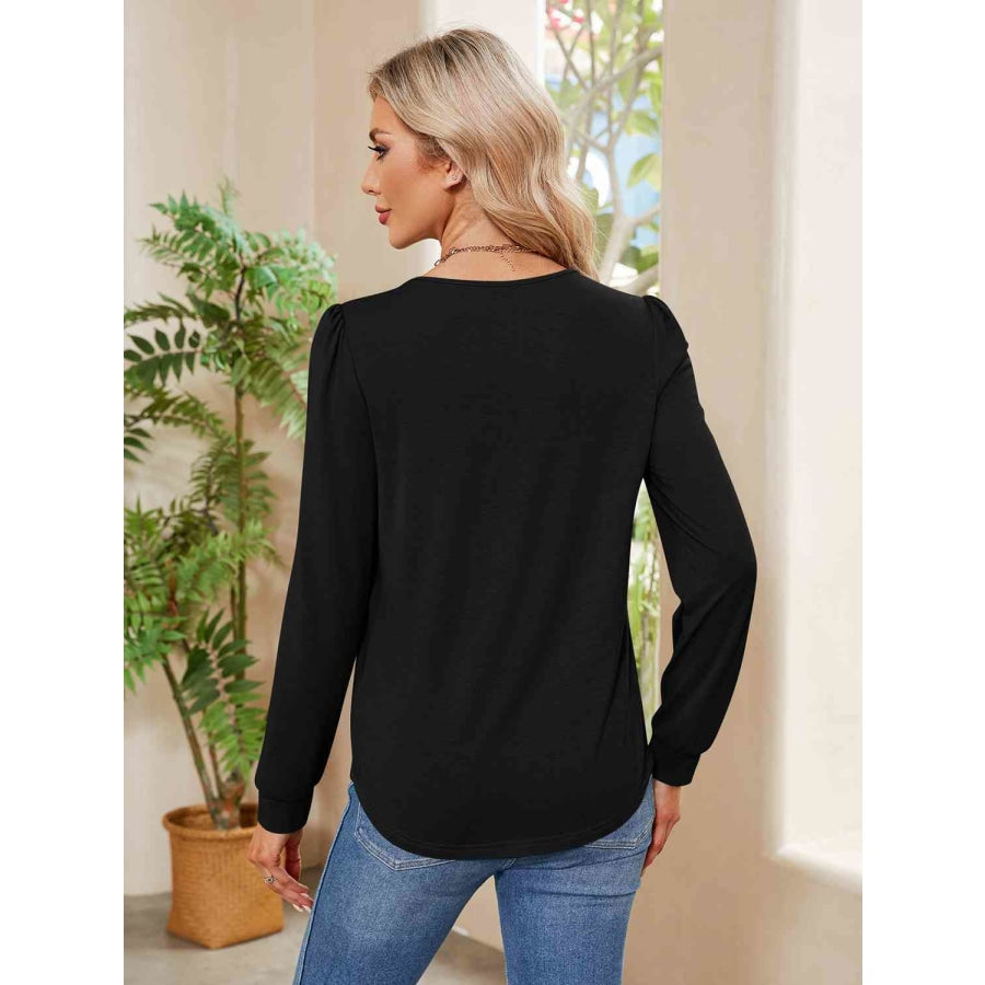 Ruched Round Neck Long Sleeve Blouse