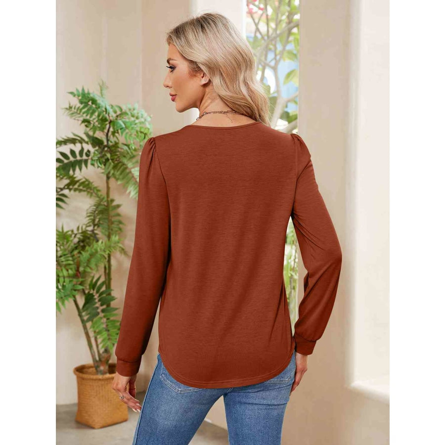 Ruched Round Neck Long Sleeve Blouse