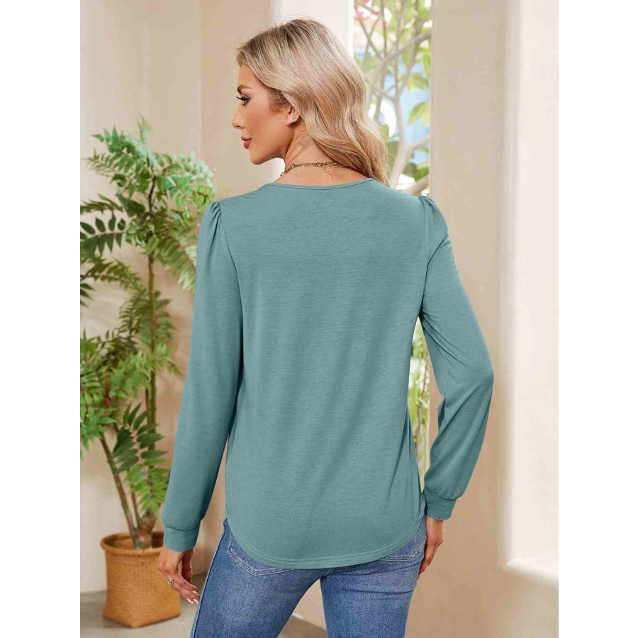 Ruched Round Neck Long Sleeve Blouse