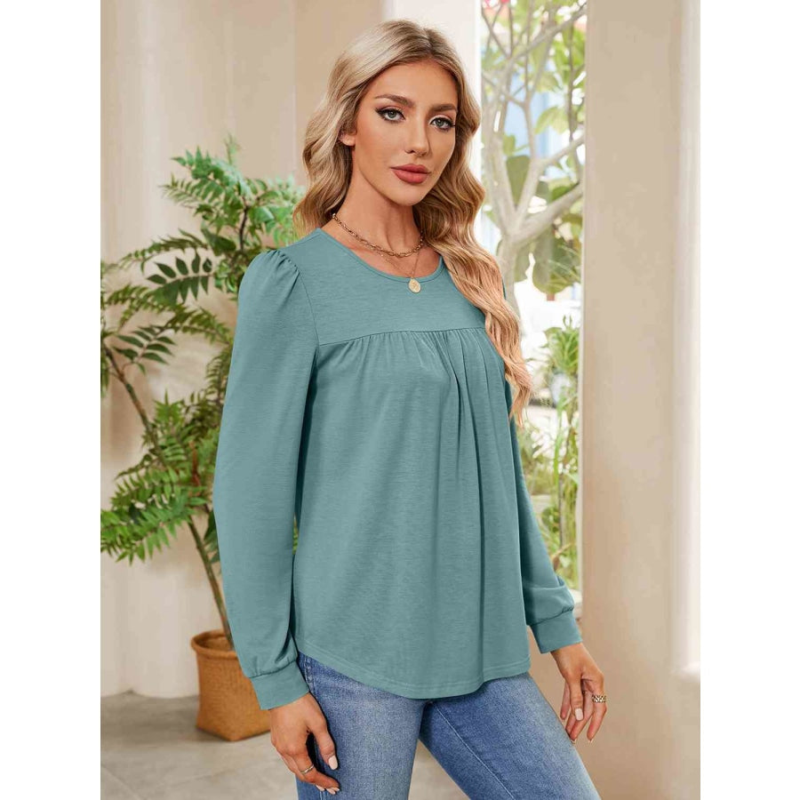 Ruched Round Neck Long Sleeve Blouse