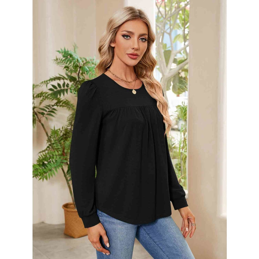 Ruched Round Neck Long Sleeve Blouse