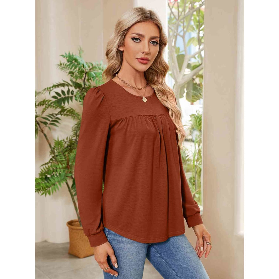 Ruched Round Neck Long Sleeve Blouse