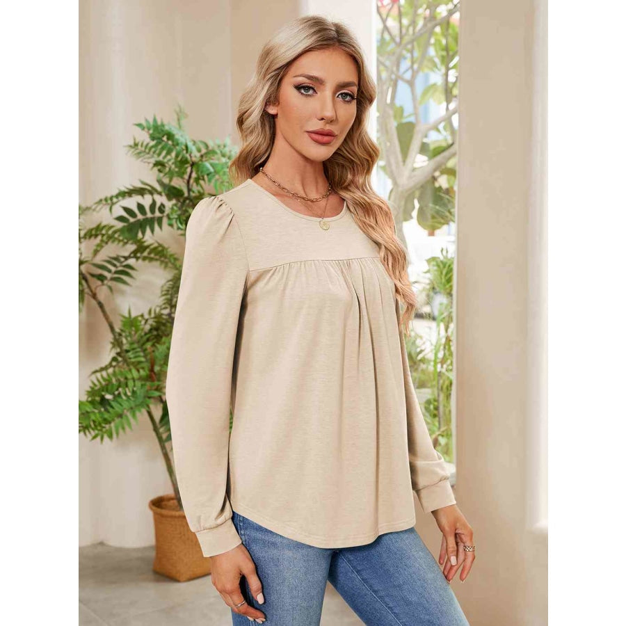 Ruched Round Neck Long Sleeve Blouse