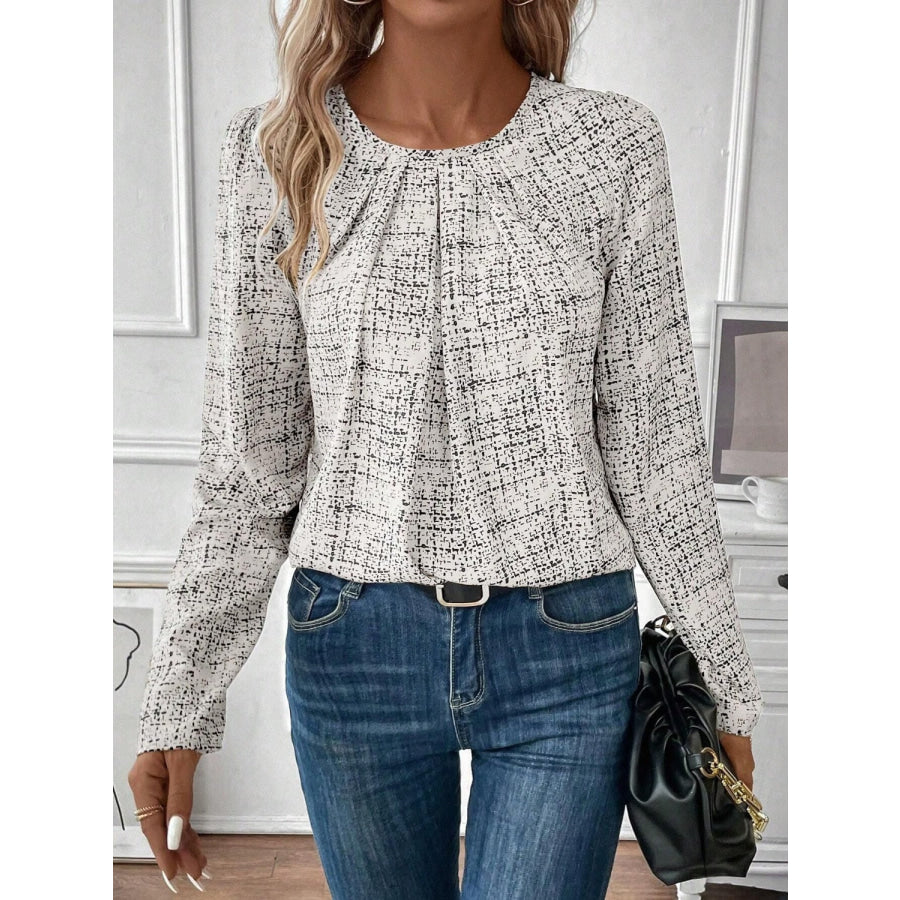 Ruched Round Neck Long Sleeve Blouse White / S Apparel and Accessories