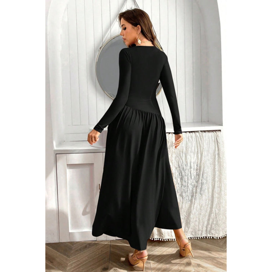 Ruched Round Neck Long Sleeve Dress Apparel and Accessories