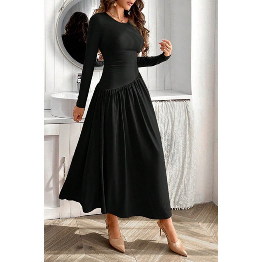 Ruched Round Neck Long Sleeve Dress Apparel and Accessories