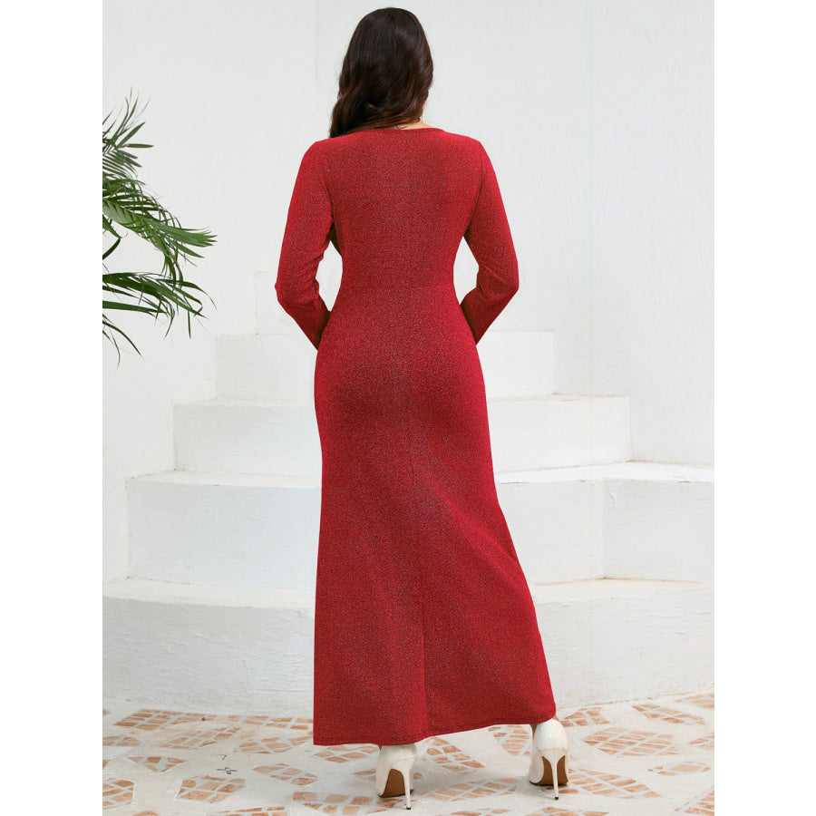 Ruched Round Neck Long Sleeve Dress Apparel and Accessories