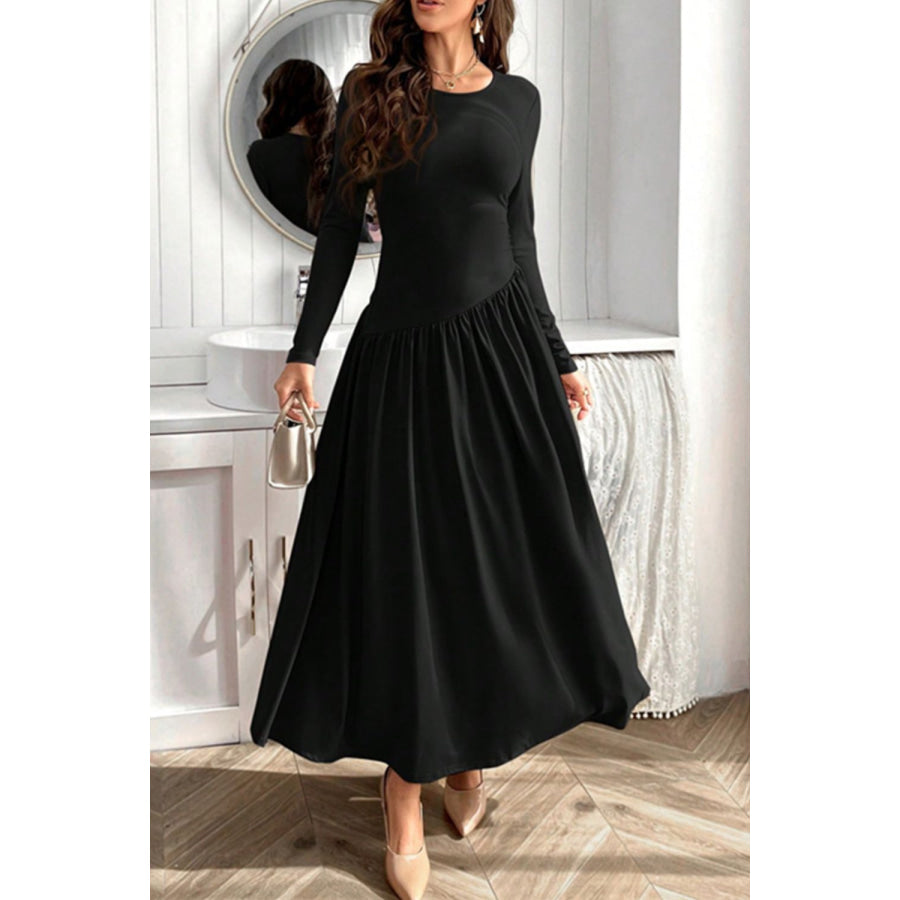 Ruched Round Neck Long Sleeve Dress Apparel and Accessories