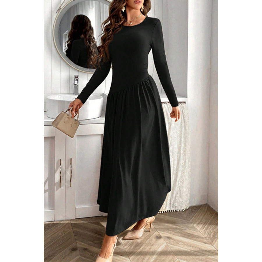 Ruched Round Neck Long Sleeve Dress Apparel and Accessories