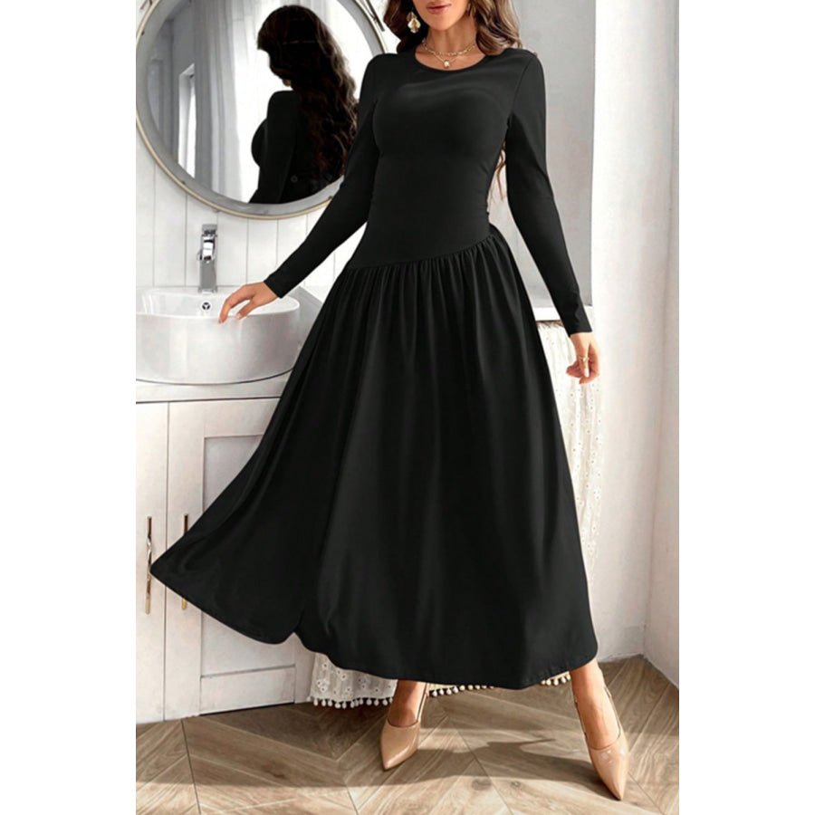 Ruched Round Neck Long Sleeve Dress Black / S Apparel and Accessories