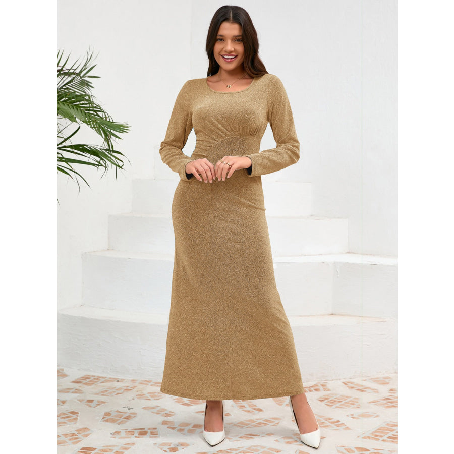 Ruched Round Neck Long Sleeve Dress Gold / S Apparel and Accessories