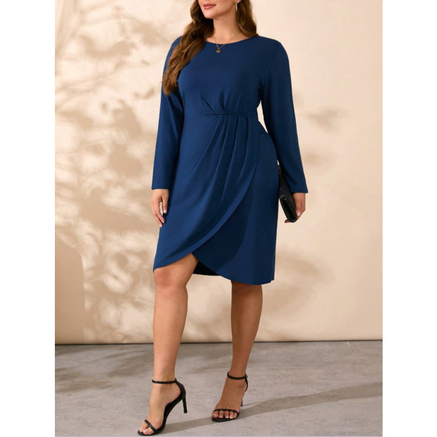 Ruched Round Neck Long Sleeve Mini Dress Apparel and Accessories