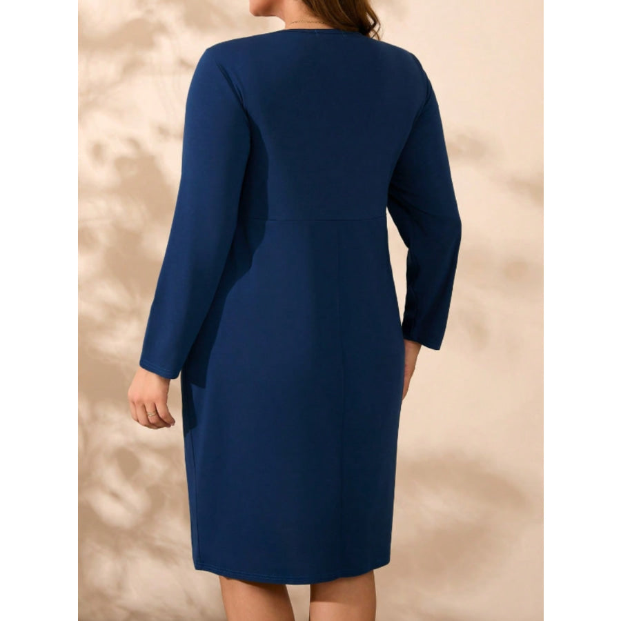 Ruched Round Neck Long Sleeve Mini Dress Apparel and Accessories