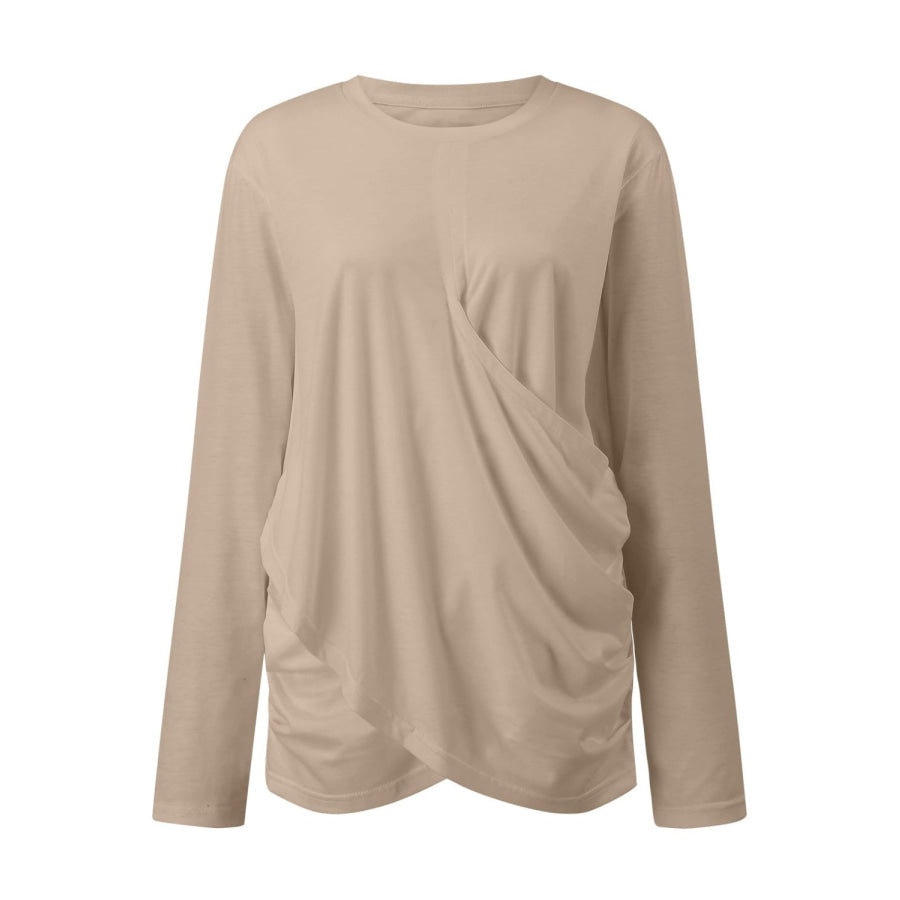 Ruched Round Neck Long Sleeve T-Shirt Tan / S Apparel and Accessories