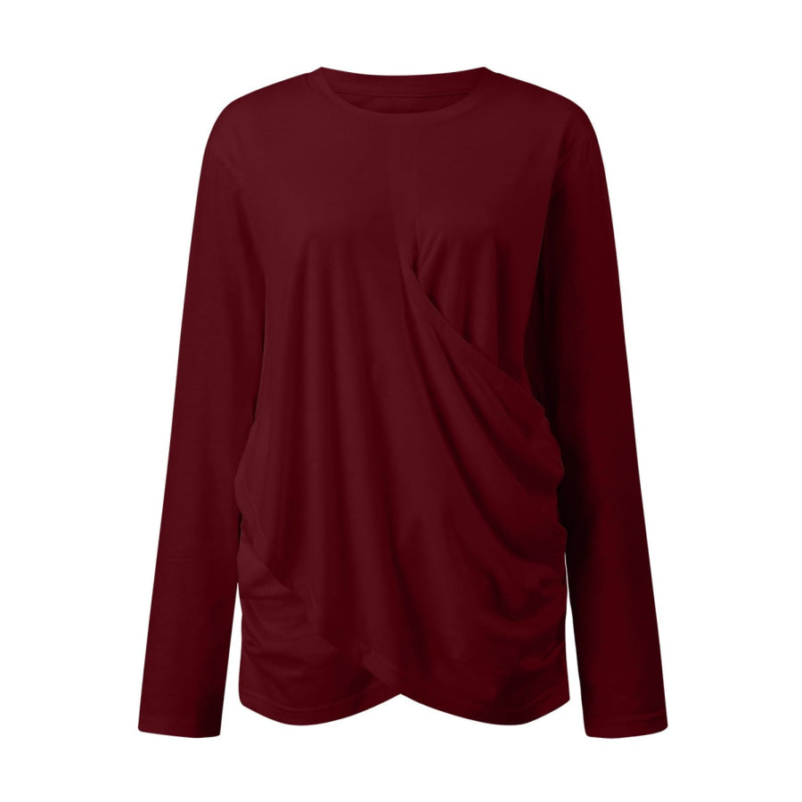 Ruched Round Neck Long Sleeve T-Shirt Apparel and Accessories