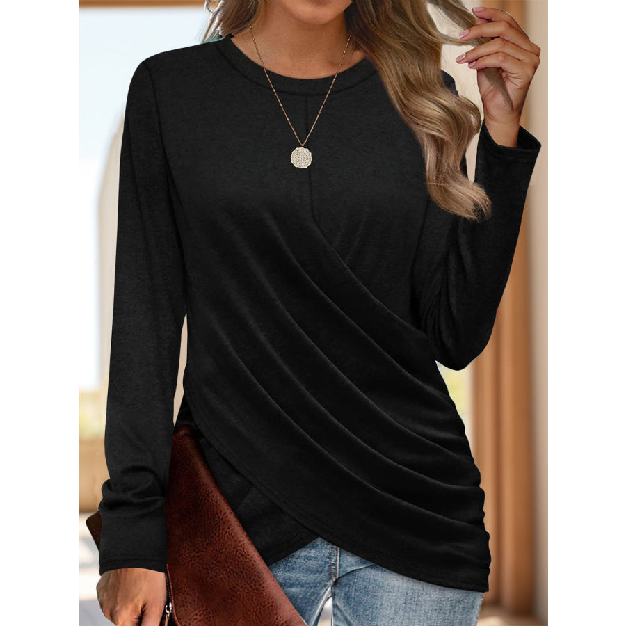 Ruched Round Neck Long Sleeve T-Shirt Black / S Apparel and Accessories