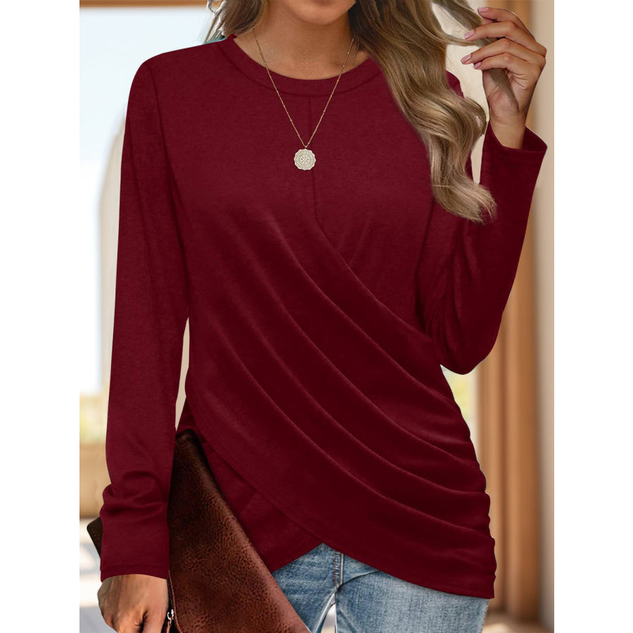 Ruched Round Neck Long Sleeve T-Shirt Burgundy / S Apparel and Accessories