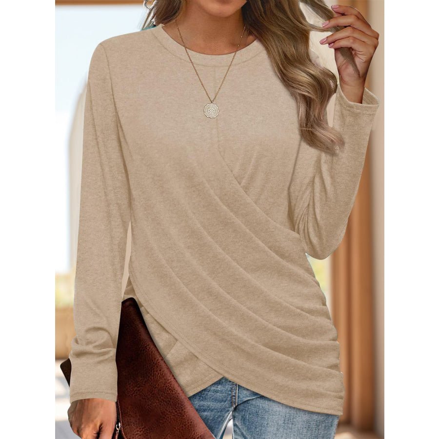 Ruched Round Neck Long Sleeve T-Shirt Tan / S Apparel and Accessories