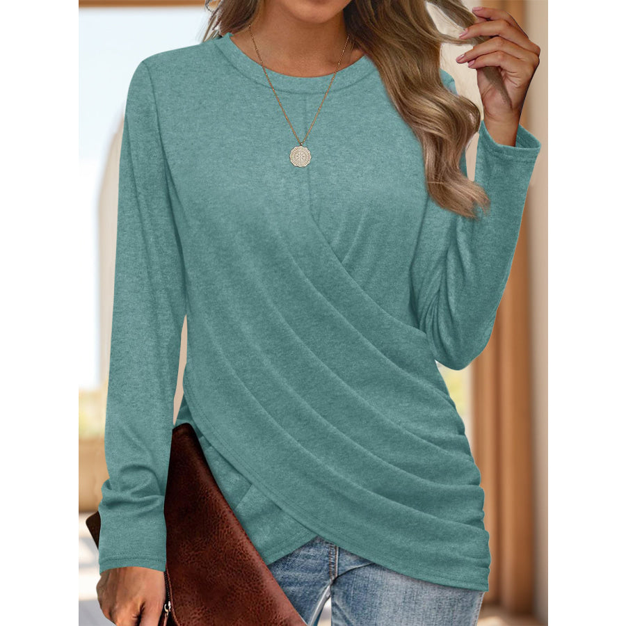 Ruched Round Neck Long Sleeve T-Shirt Turquoise / S Apparel and Accessories