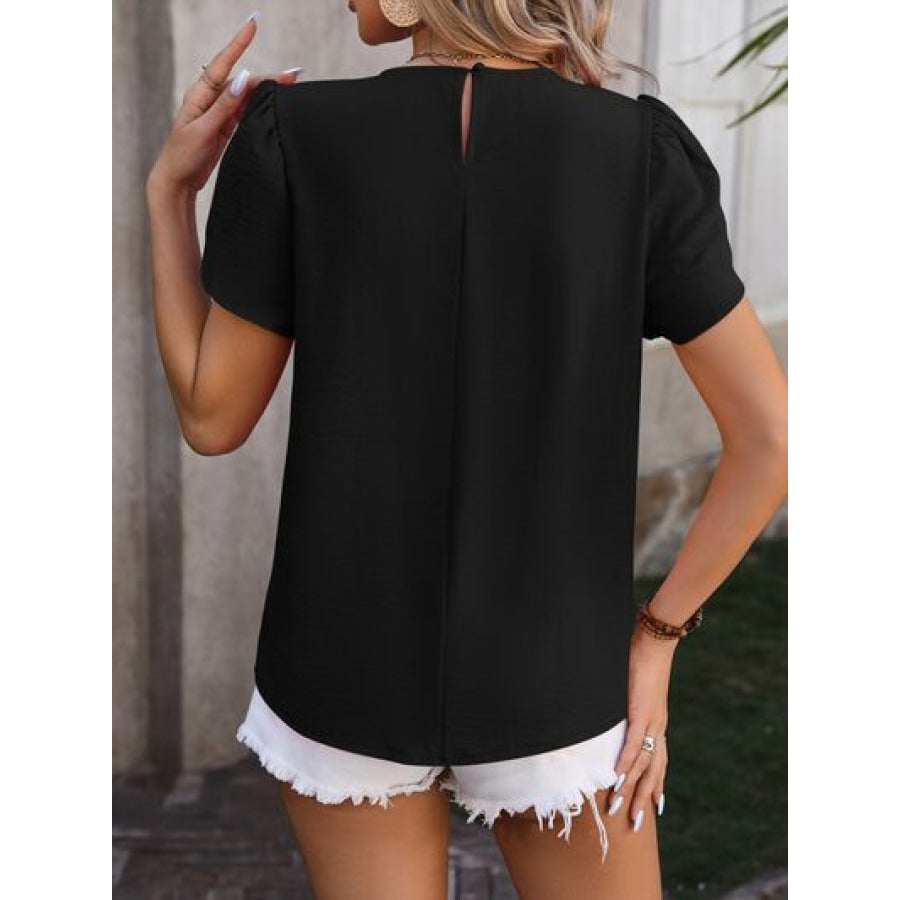 Ruched Round Neck Petal Sleeve Blouse Apparel and Accessories