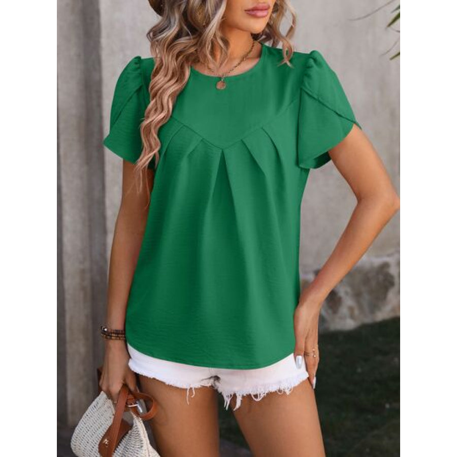 Ruched Round Neck Petal Sleeve Blouse Apparel and Accessories