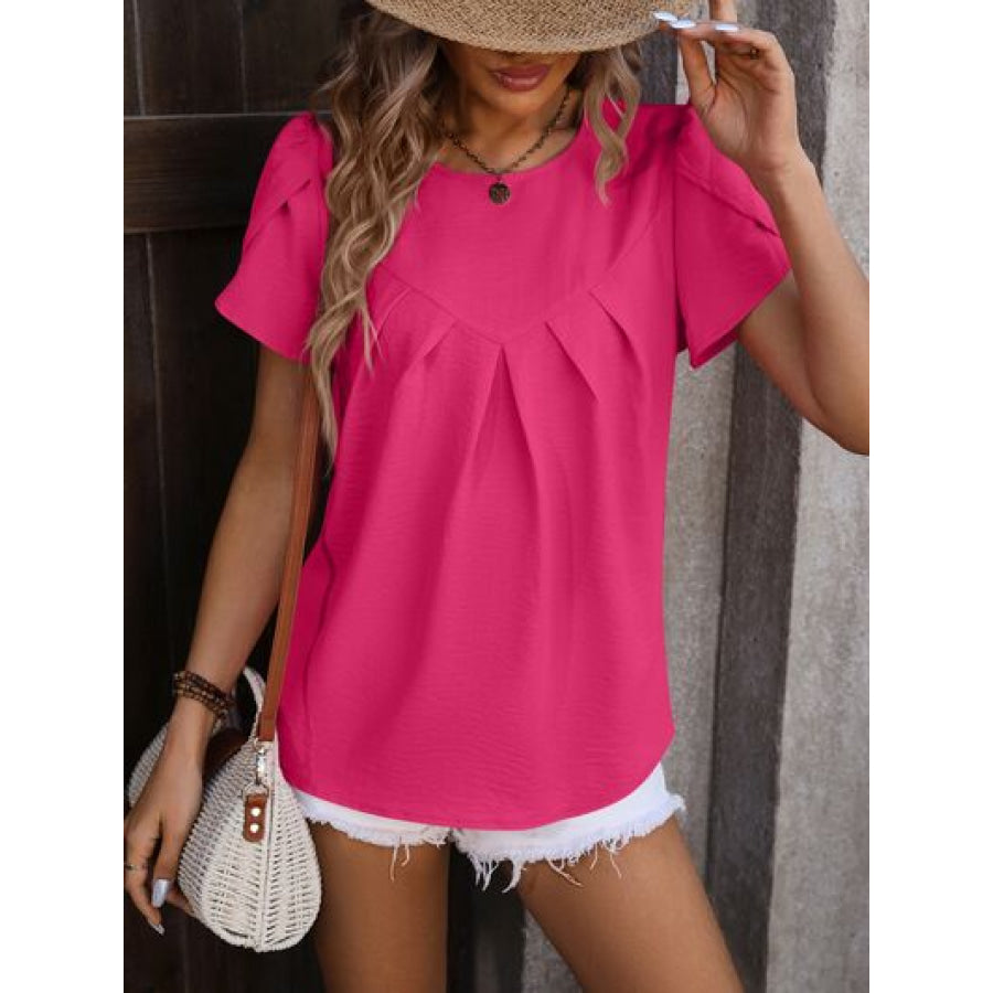 Ruched Round Neck Petal Sleeve Blouse Apparel and Accessories