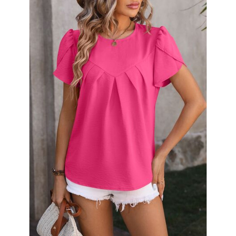 Ruched Round Neck Petal Sleeve Blouse Apparel and Accessories