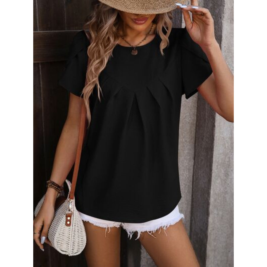 Ruched Round Neck Petal Sleeve Blouse Apparel and Accessories