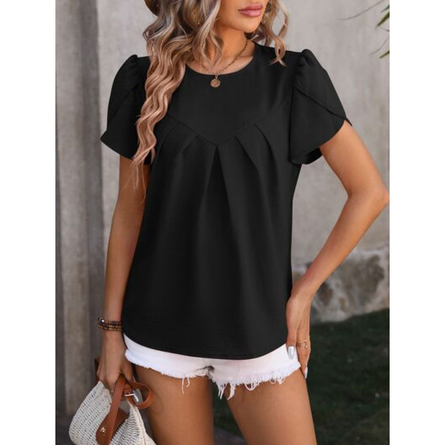 Ruched Round Neck Petal Sleeve Blouse Black / S Apparel and Accessories