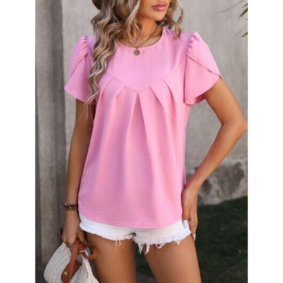 Ruched Round Neck Petal Sleeve Blouse Blush Pink / S Apparel and Accessories